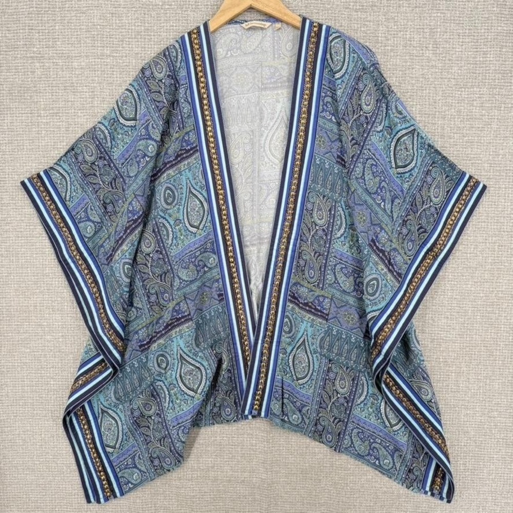 Soft Surroundings Kimono Top Womens L/XL Blue Paisley Beaded Boho Lightweight‎